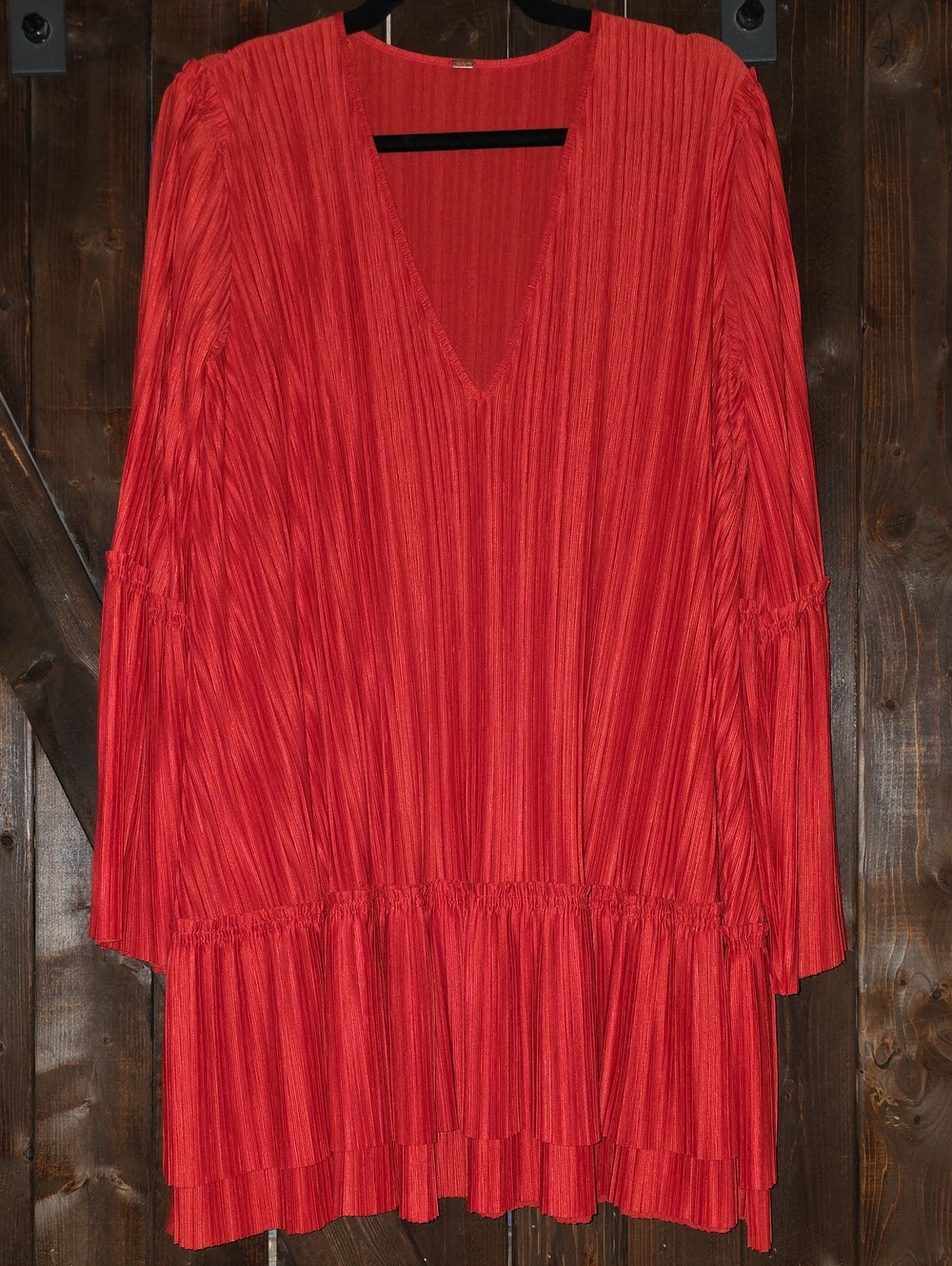 Free People Red Pleated V-Neck Midi Dress